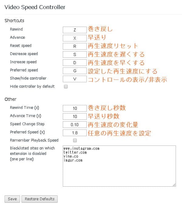 Video Speed Controllerのショートカットキー
