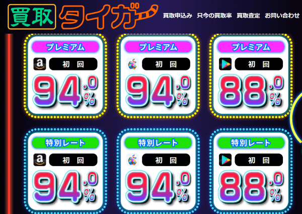 買取タイガーの買取率 Amazonギフト券やiTunesカードが90%以上