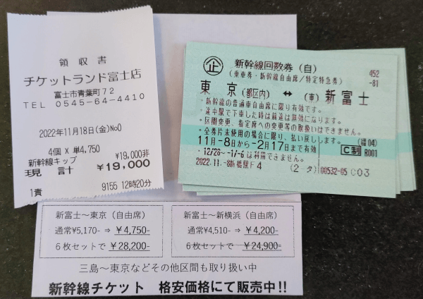新富士駅から東京駅への新幹線回数券の買い方　切符　有効期限　チケットランド富士店　格安チケット